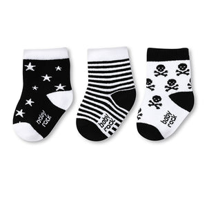 Kit 3 Meias Bebê Cano Curto Baby Rock Caveirinha, Estrela, Listras