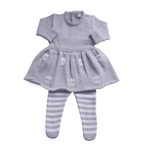 Vestido Saída de Maternidade Tricot Caveirinhas com Calça Listrada Lilás