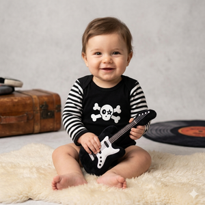 Body Preto com Estampa Caveirinha e Manga Listrada