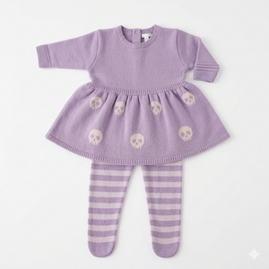 Vestido Saída de Maternidade Tricot Caveirinhas com  Calça Listrada Lilás