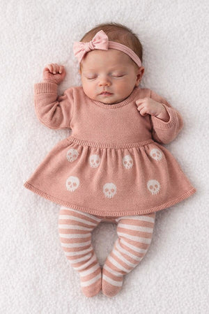 Vestido Saida de Maternidade Tricot Caveirinhas Calça Listrada Rosa