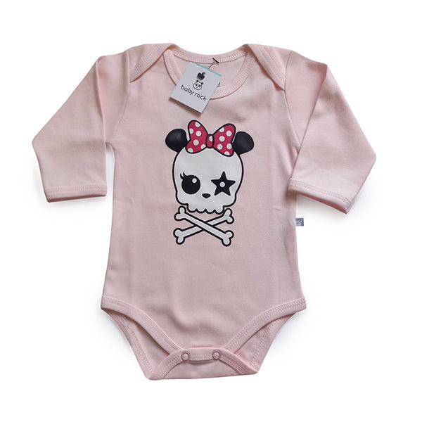 Body Manga Longa Caveira de Laço Rosa