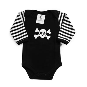 Body Preto com Estampa Caveirinha e Manga Listrada