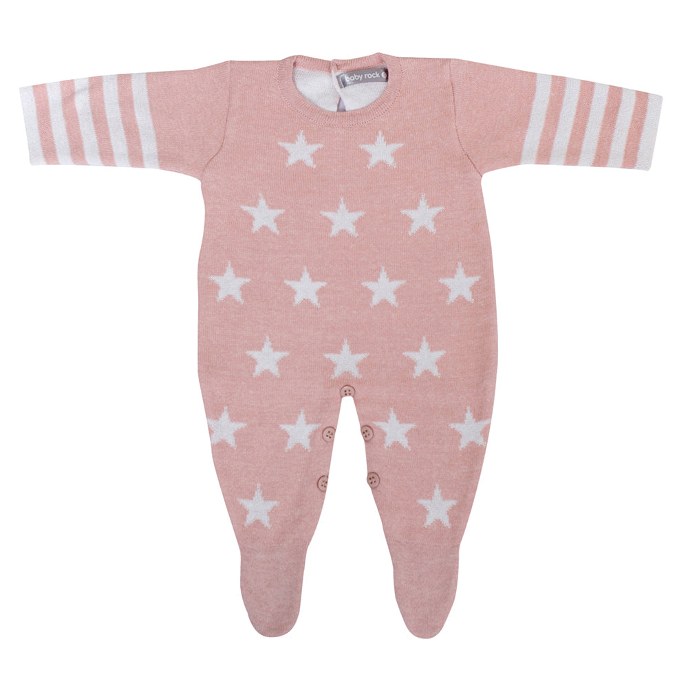 Macacão Rosa de Tricot com Estampa de Estrelinhas