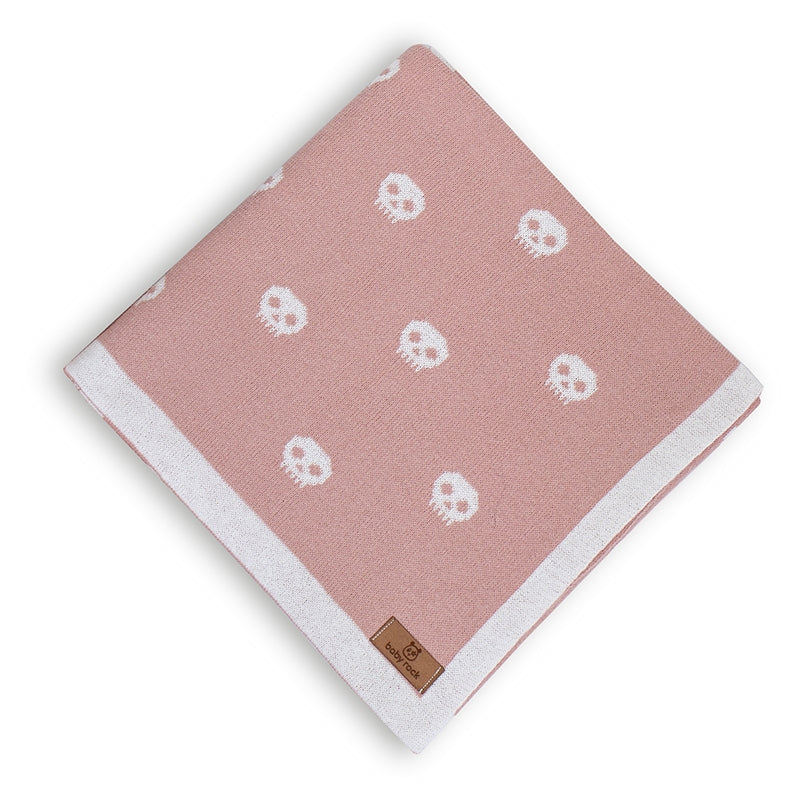 Manta Rosa de Tricot Jaquard com Caveirinhas