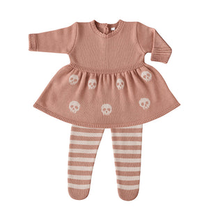 Vestido Saida de Maternidade Tricot Caveirinhas Calça Listrada Rosa