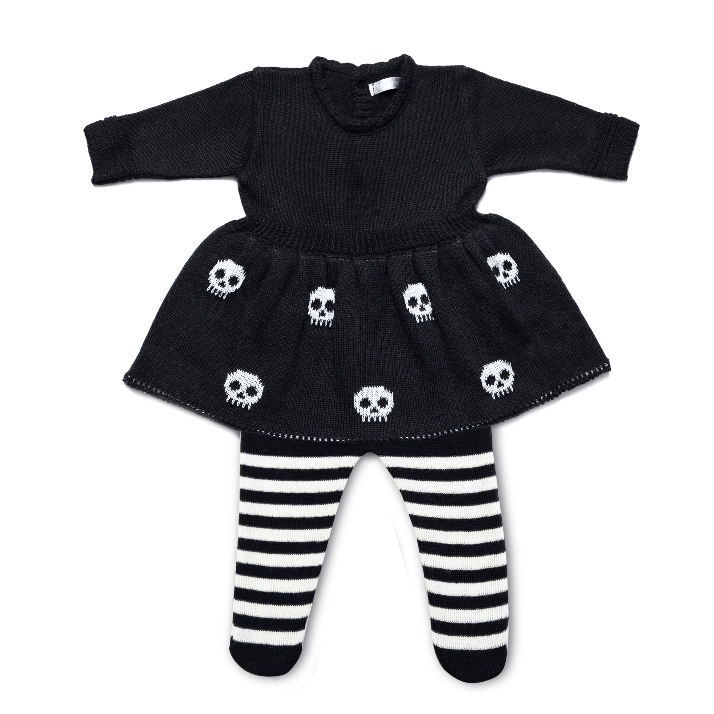 Vestido Saída de Maternidade Tricot Caveirinhas com Calça Listrada
