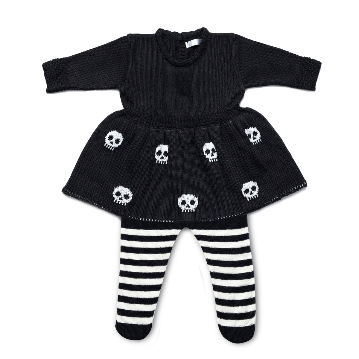 Vestido Saída de Maternidade Tricot Caveirinhas com Calça Listrada